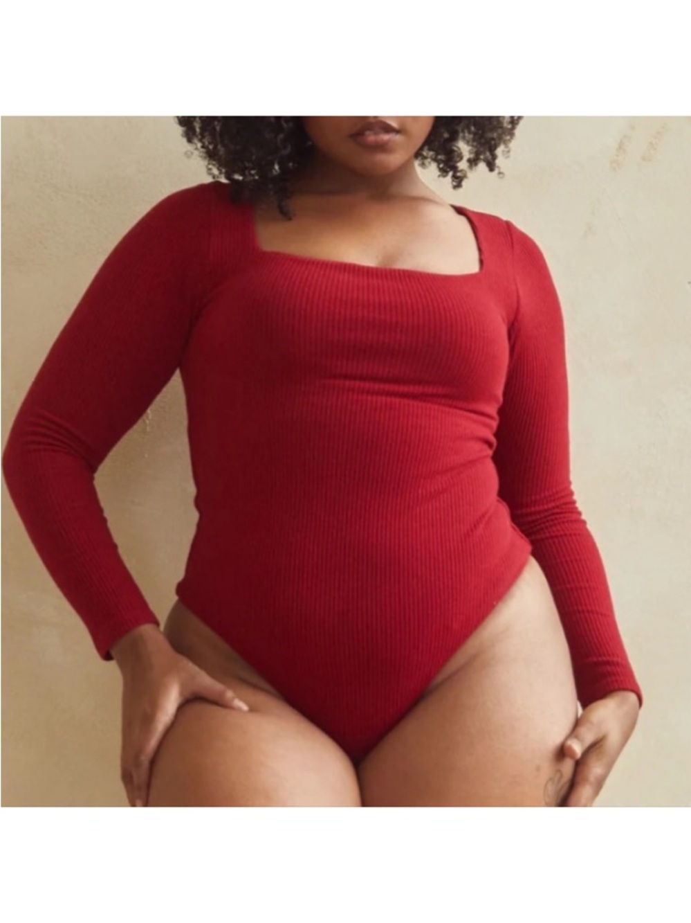 Klassy Network Red Ribbed Square-Neck Long-Sleeve Bodysuit